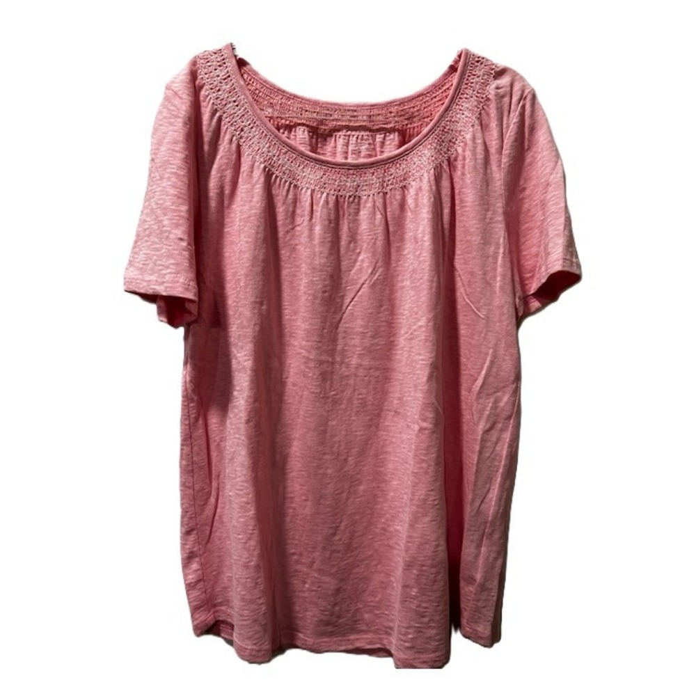 Talbots Womens Pink Slub‎ Cotton Smocked Scoop Neck Short Sleeve Top Small